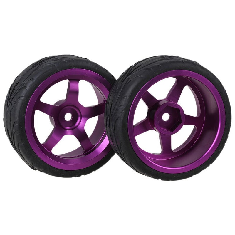 Mxfans Black Scale Pattern Rubber Tyre and Purple Alloy Wheel Rims with 5 Spoke for RC 1:10 On-Road Racing Car Pack of 4 - Image 2